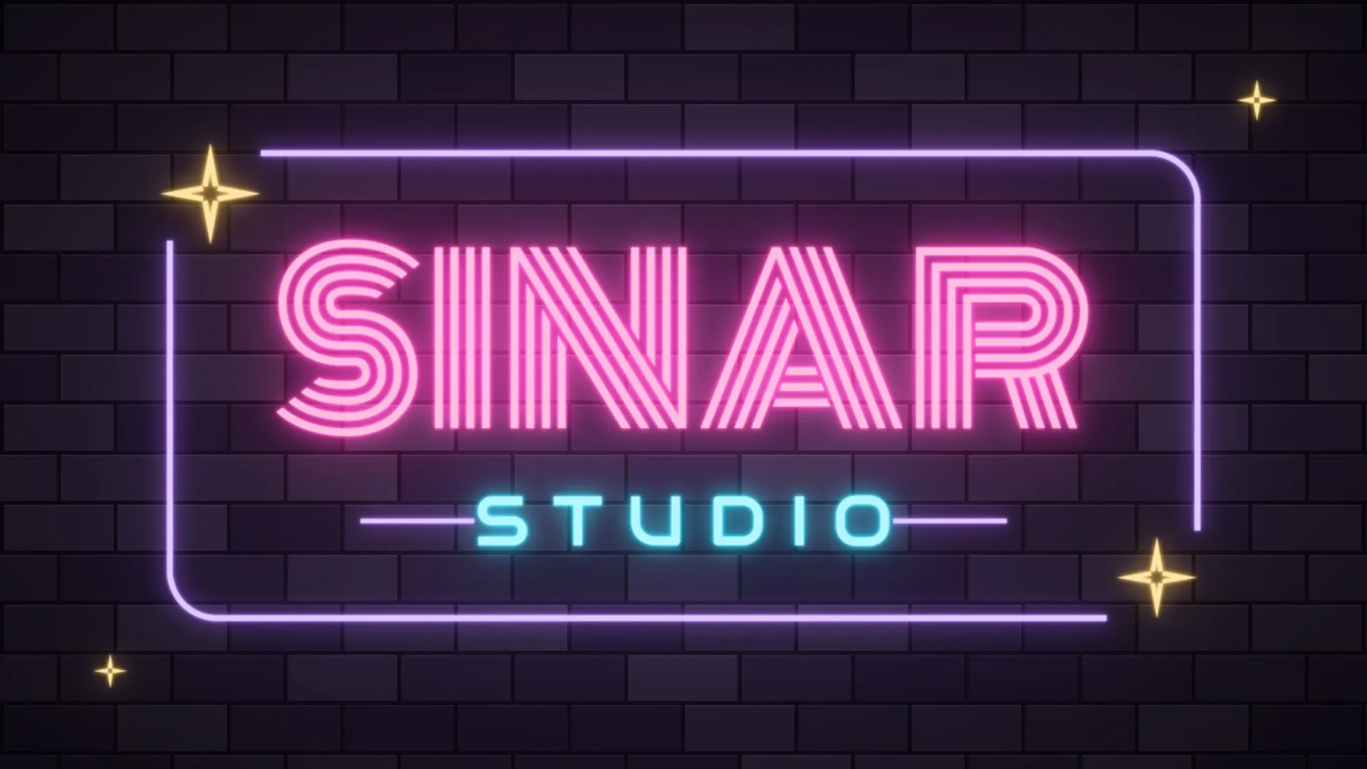 Papan neon Sinar Studio di dinding bata